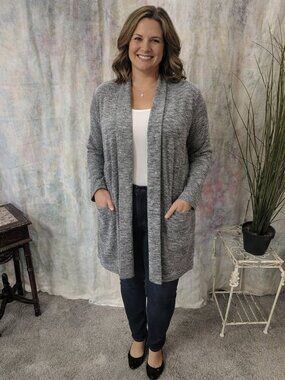 📌Rosegal Cozy Grey Mélange Open Front Cotton Mix Long Cardigan with Pockets